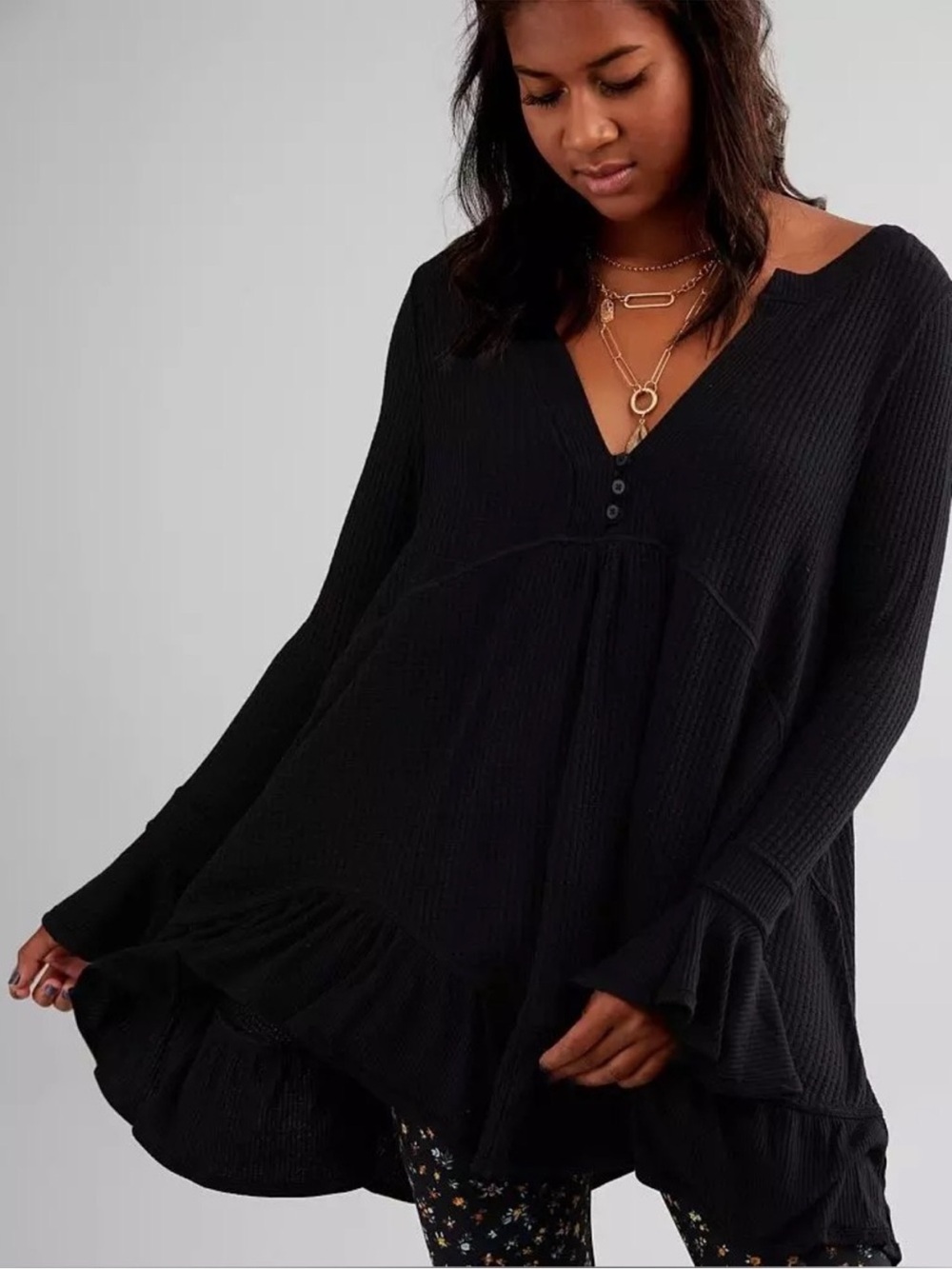 Free People Olivia Henley Tunic Top Oversized Black Waffle Knit Size Small